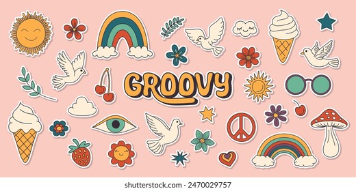 Vector Vintage Groovy Icons, Design Elements for Poster, Sticker Design. Retro Symbol in Hippie 70s Style, Mushroom, Flowers, Eye, Anti-War Peace Symbols. Vector Illustration