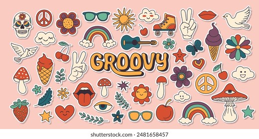 Vector Vintage Groovy Icons, Design Elements for Poster, Sticker Design. Retro Symbol in Hippie 70s Style, Mushroom, Flowers, Eye, Anti-War Peace Symbols. Vector Illustration