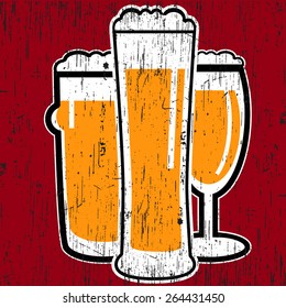 vector vintage group of three different glasses with light beer on red background