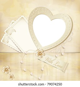 vector vintage, grunge background with frame for photos in the form of heart