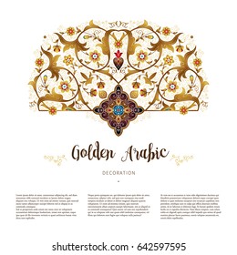 Vector vintage half-round decor; ornate floral ornament for design template. Eastern style element. Ethnic golden decoration. Arabic motifs. Ornamental paisley illustration for card, background.