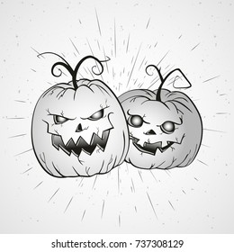 Vector vintage Halloween illustration with hand drawn pumpkins on old textural background. Light.