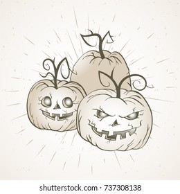 Vector vintage Halloween illustration with hand drawn pumpkins on old textural background. Light.