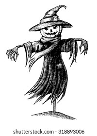Vector vintage Halloween scarecrow. Hand drawn illustration.Great for banner, poster, greeting card and party invitation