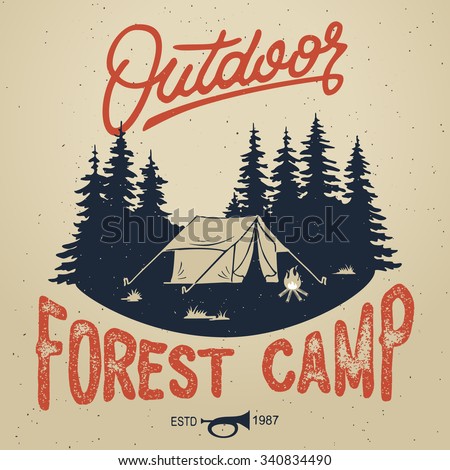 Vector vintage hand draw logotype with calligraphy elements. Camping poster. Distressed effect