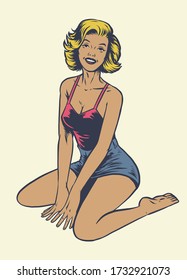 vector de vintage mano dibujar pinup muchacha sentada en el suelo