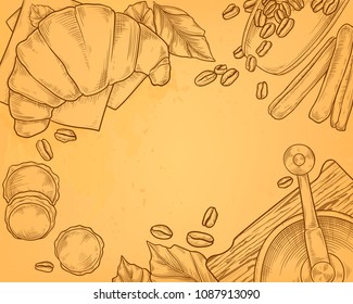 Vector vintage hand drawn background with coffee grinder, croissant, breakfast concept. Tasty food, bakery with cinnamon. Pastry, beverage menu for restaurant, drawing.