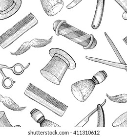 Vector vintage hand drawn Barber Shop seamless pattern. Detailed background. Mustage, scissors, ribbon, whisker and lettering styled text. Design elements for background, banner, poster, template.