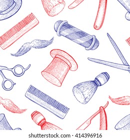 Vector vintage hand drawn Barber Shop seamless pattern. Detailed background. Mustage, scissors, ribbon, whisker and lettering styled text. Design elements for background, banner, poster, template.