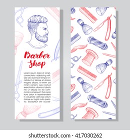 Vector vintage hand drawn Barber Shop business flyer. Detailed illustrations. Hipster man with beard, mustage, scissors, ribbon, whisker and lettering styled text.