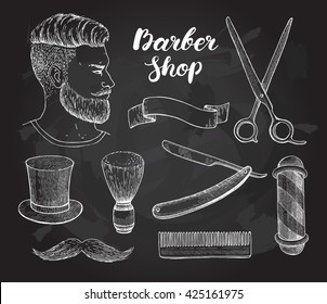 Vector vintage hand drawn Barber Shop set on chalkboard. Detailed illustrations. Hipster man with beard, mustage, scissors, ribbon, whisker and lettering styled text. Design elements for label, banner