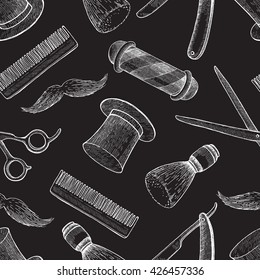 Vector vintage hand drawn Barber Shop seamless pattern on blackboard. Detailed background. Mustache, scissors, ribbon, whisker