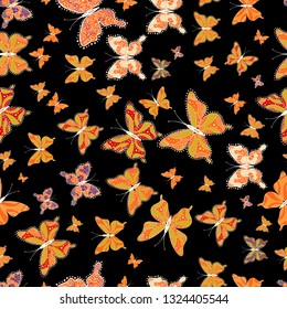 Vector vintage hand drawn of beautiful colorful butterflies on a yellow, orange and black background. Vector illustration. Fashion cute fabric design.
