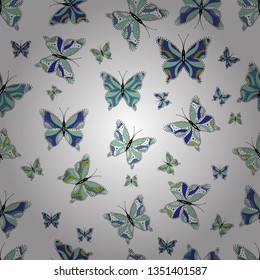 Vector vintage hand drawn of beautiful colorful butterflies on a neutral, blue and white background. Vector illustration. Fashion cute fabric design.