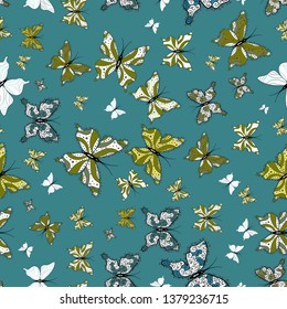 Vector vintage hand drawn of beautiful colorful butterflies on a brown, white and green background. Vector illustration. Fashion cute fabric design.