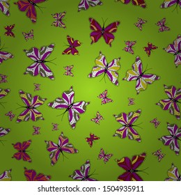 Vector vintage hand drawn of beautiful colorful butterflies on a purple, green and white background. Vector illustration. Fashion cute fabric design.