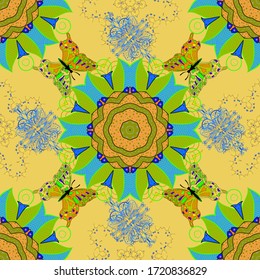 Vector vintage hand drawn of beautiful colorful butterflies on a green, blue and yellow background. Fashion cute fabric design. Vector illustration.