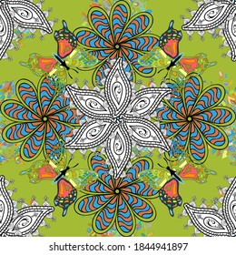 Vector vintage hand drawn of beautiful colorful butterflies on a white, green and black background. Vector illustration. Fashion cute fabric design.