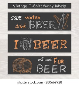 vector vintage hand drawn beer funny set of t-shirt label on wooden desk