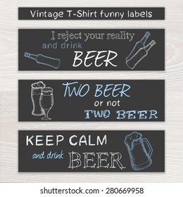 vector vintage hand drawn beer funny set of t-shirt label on wooden desk