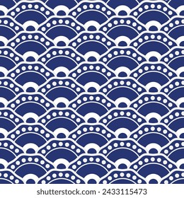  Vector vintage hand drawn blue snd white bicolor seamless pattern with circles