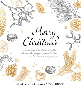 Vector vintage hand drawn Christmas card template with various seasonal shapes - ginger breads, mistletoe, cone, nuts