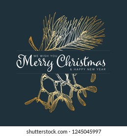 Vector vintage manual de la plantilla de la tarjeta de Navidad con branchlet de pino y mistleto- versión dorada