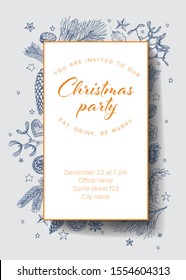 Vector vintage hand drawn Christmas party invitation template with various seasonal shapes - ginger breads, mistletoe, cone, nuts