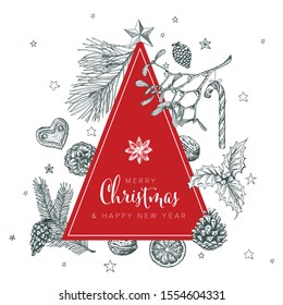 Vector vintage hand drawn Christmas card with various seasonal shapes - ginger breads, mistletoe, cone, nuts and minimalistic triangle christmas tree