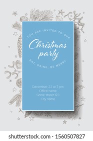 Vector vintage hand drawn Christmas party invitation template with various seasonal shapes - ginger breads, mistletoe, cone, nuts