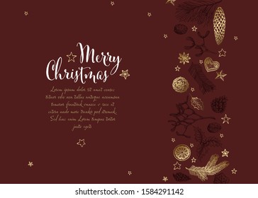 Vector vintage hand drawn Christmas card with various seasonal shapes - ginger breads, mistletoe, cone, nuts - dark red version