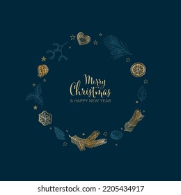 Vector vintage hand drawn Christmas card with various seasonal shapes - ginger breads, mistletoe, cone, nuts on a christmas wreath - ring frame version on dark blue background