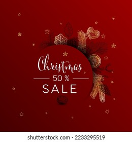 Vector vintage hand drawn Christmas sale discount card with various seasonal shapes - ginger breads, mistletoe, cone, nuts  - ring frame version on red background