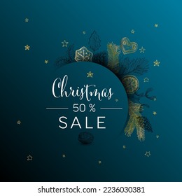 Vector vintage hand drawn Christmas sale discount card with various seasonal shapes - ginger breads, mistletoe, cone, nuts  - ring frame version on blue background