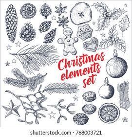 Vector vintage hand drawn Christmas elements objects for christmas new year card 