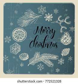 Vector vintage hand drawn Christmas card with various seasonal shapes - ginger breads, mistletoe, cone, nuts - blue ring frame version