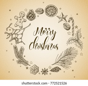 Vector vintage hand drawn Christmas card with various seasonal shapes - ginger breads, mistletoe, cone, nuts - ring frame version