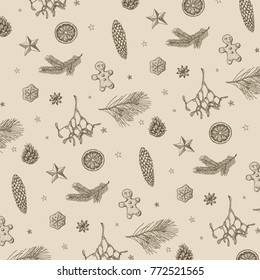 Vector vintage hand drawn Christmas seamless pattern with christmas objects