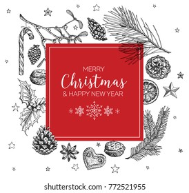 Vector vintage hand drawn Christmas card with various seasonal shapes - ginger breads, mistletoe, cone, nuts - square tag version