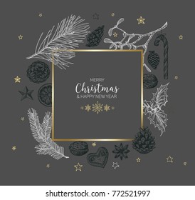 Vector vintage hand drawn Christmas card with various seasonal shapes - ginger breads, mistletoe, cone, nuts - dark version with golden frame border