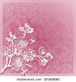Vector vintage hand drawn corner border twig with flowers in the grunge background for invitations, greeting cards, web page, pattern fills, or textile White bouquet on pink background