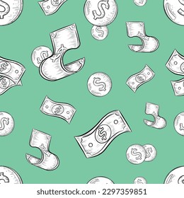 Vector Vintage Hand Drawn Dollars Seamless Pattern USA Dollar Texture. Can be used as wallpaper, wrapping paper, banner or card template, background or else. Economy Concept Repeatable Pattern Design.