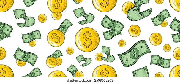 Vector Vintage Hand Drawn Dollars Seamless Pattern USA Dollar Texture. Can be used as wallpaper, wrapping paper, banner or card template, background or else. Economy Concept Repeatable Pattern Design.