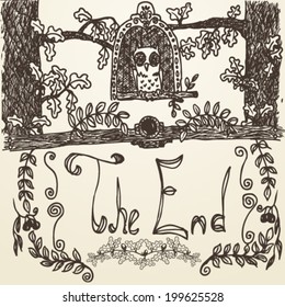 Vector vintage hand drawn forest scene with cute owl, background illustration