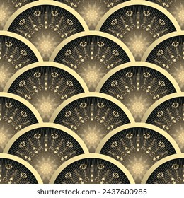 Vector vintage hand drawn golden and black seamless pattern with mandalas