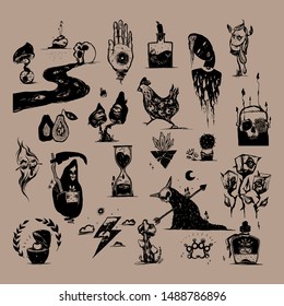 Vector vintage hand drawn Halloween graphics. Grim Reaper, skulls, mushrooms, poison, potion, etc.