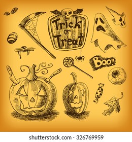 Vector vintage hand drawn halloween set: pumpkin, eye, candy, ghost, skull, scythe, bat, boo
