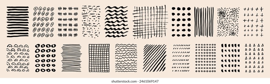 Vector vintage hand drawn hatching patterns. Lines, dots, circles, smears, waves, stripes, brush strokes, triangles. Black hand drawn textures isolated lattice crosshatch elements on beige background