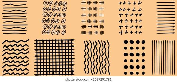 Vector vintage hand drawn hatching patterns. Lines, dots, circles, smears, waves, stripes, brush strokes, triangles. Black hand drawn textures isolated lattice crosshatch elements on beige background