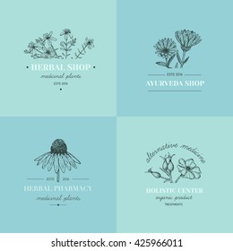 Vector vintage hand drawn herb logos. Alternative medicine, ayurveda, pharmacy, homeopathy, beauty shop, holistic center logos, badges, emblems.